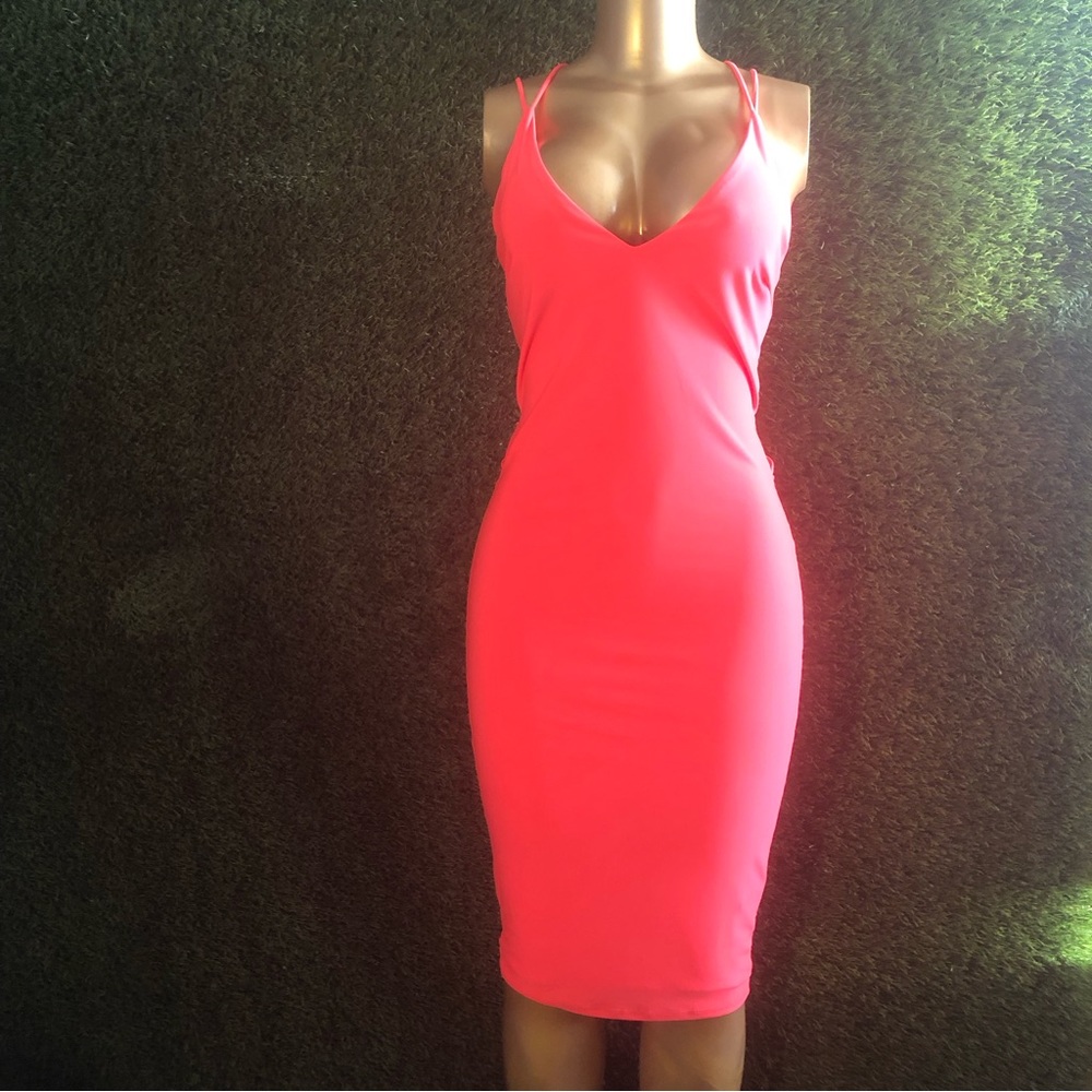 Hot coral sexy pencil midi dress with strapped back